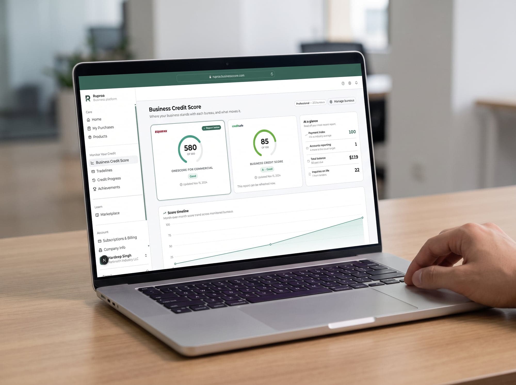 A business credit report inside Ruproa, showing the Equifax and Creditsafe scores side by side