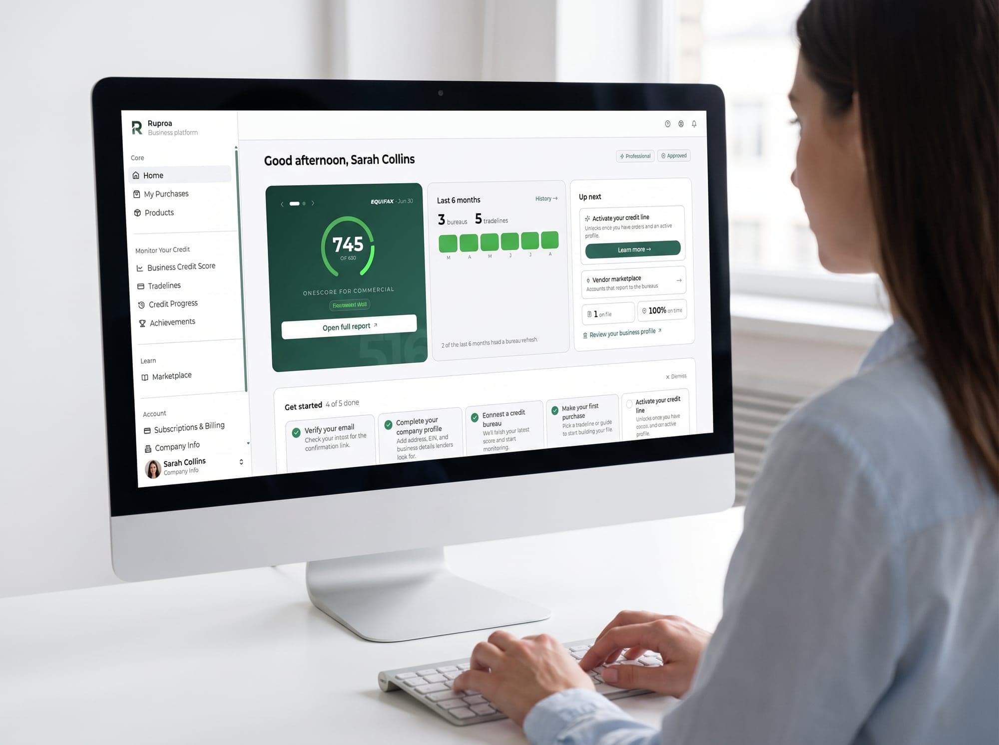 The Ruproa dashboard, showing a business credit score, the last six months of reporting, and a getting-started checklist